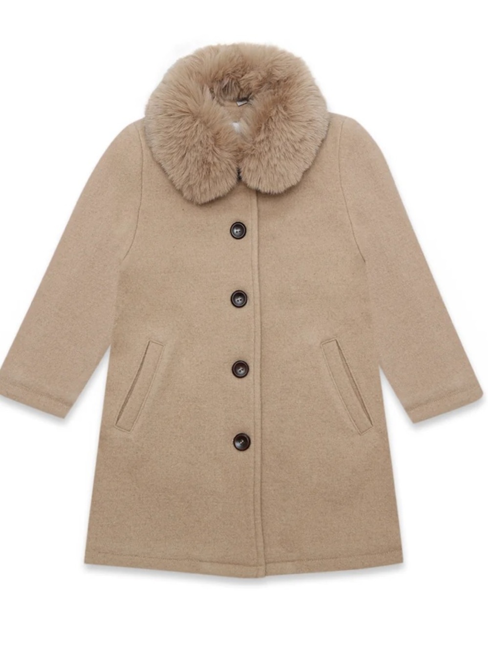Classic Kids' Tan Wool-Blend Pea Coat with Faux Fur Collar
